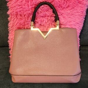 Source Unknown Pink Pebbled Top-Handle Satchel with Gold V Accent
